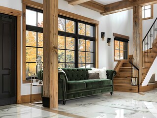 Wall Mural - Open concept living room with wooden beams, black door frames, and autumn colors featuring a velvet forest green sofa, elegant wooden staircase, and polished marble flooring