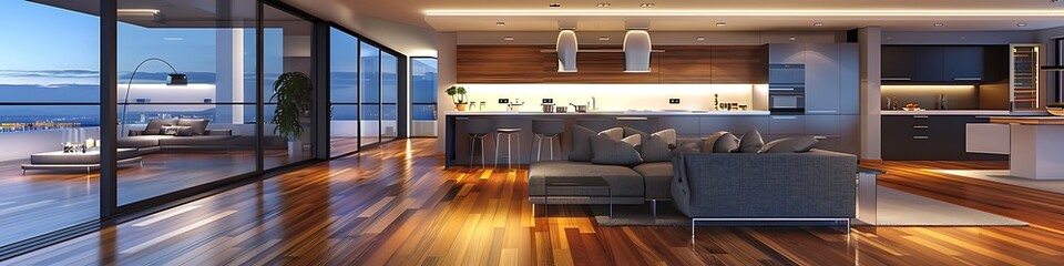 Wall Mural - Open modern luxury home interior living room and kitchen with balcony, showcasing hardwood floor and a modern grey couch, complemented by elegant lighting.