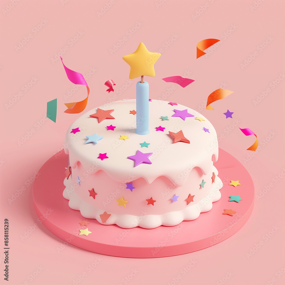 3D birthday cake with candle, stars and confetti on pink background ...