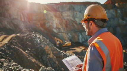 Engineer in high-visibility gear and helmet examines plans at quarry, ensuring project progress and safety on sunny day.