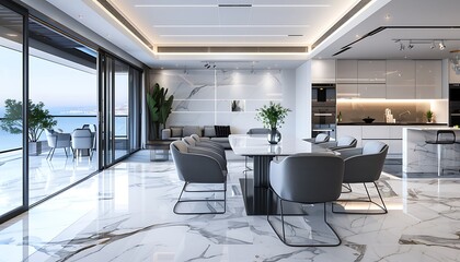 Wall Mural - Open modern luxury home interior living room and kitchen with balcony, with marble floor and a sleek white dining table, surrounded by grey chairs.