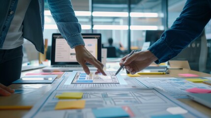 Close-up photo of a ux developer and UI designer using augmented reality brainstorming on designing a mobile app interface layout on a table at a modern office. of creative 