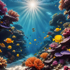 Wall Mural - An underwater scene of a vibrant coral reef. Colorful fish swim among the corals, and sunlight filters through the water, creating a beautiful play of light and shadows.