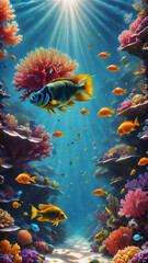 Wall Mural - An underwater scene of a vibrant coral reef. Colorful fish swim among the corals, and sunlight filters through the water, creating a beautiful play of light and shadows.