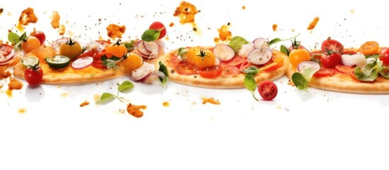 Wall Mural - delicious pizza ingredients flying on white background