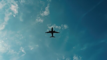 Wall Mural - Commercial airplane silhouette descending against blue sky