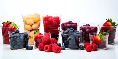 Wall Mural - Assorted berry products on white background with vertical dividers under bright lighting. Concept Product Photography, Berries, White Background, Vertical Dividers, Bright Lighting