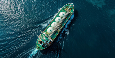 Aerial view of an oil tanker carrying natural gas tanks sailing on the sea with a white and green color scheme, creating a cinematic feel.