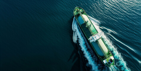 Aerial view of an oil tanker carrying natural gas tanks sailing on the sea with a white and green color scheme, creating a cinematic feel.