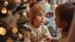 © Lens Legacy - A young child in a festive hat looks up in wonder at a beautifully decorated Christmas tree, capturing the magic, innocence, and excitement of the holiday season.