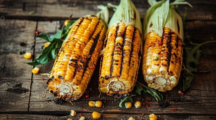 Corn BBQ on wooden background with copy space. Sweet corn BBQ og grill. Grilled corn and tortillas on the cob, authentic mexican cuisine concept with copy space. Mexican Food Concept with Copy Space.