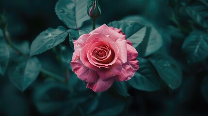 Wall Mural - Close up of pink rose in bloom with green foliage backdrop