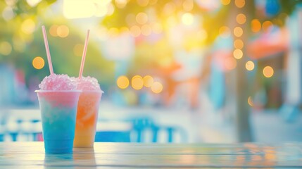 a close up of a empty wooden table with colorful summer slushies background