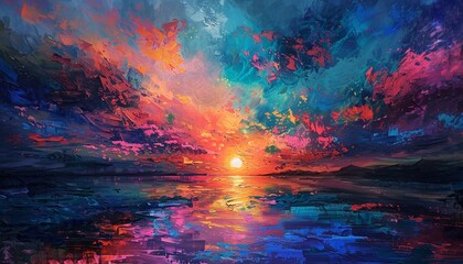 A painting depicting a sunset over the sea