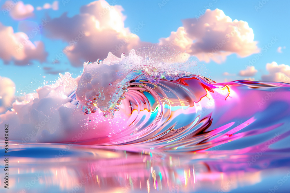 A surreal iridescent ocean wave glows under dreamy pastel clouds. A ...