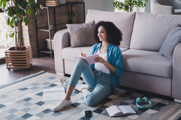 Poster - Photo of dreamy cute lovely nice woman wear trendy shirt sit carpet read planner book cozy room indoors