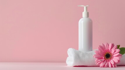 Wall Mural - Cosmetic bottle mockup with flower on white towels pink background Minimalist beauty product display for blogging Hygiene and skincare promotion Advertising space included