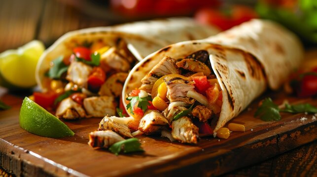classic burrito: fresh burritos with chicken and fried vegetables served on rustic wooden board.