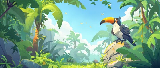 toucan mascot enjoys the lush jungle, playing joyfully amidst tropical plants and colorful wildlife. Ideal for playful and engaging 2D illustrations