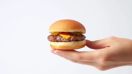 Wall Mural - Mini burger being held by hand portraying small serving size White background close up shot with blurred effect Opportunity for additional text