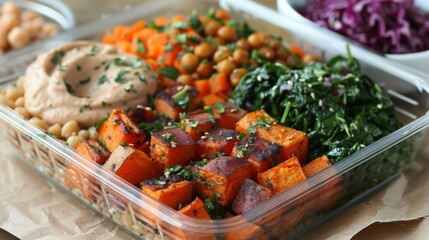 Wall Mural - Buddha Bowl: A bowl filled with a variety of healthy ingredients such as brown rice, chickpeas, roasted sweet potatoes, spinach, red cabbage, and humus. 