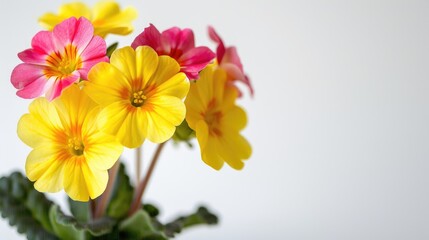 Poster - Bright spring primula flowers close up on white background with space for text