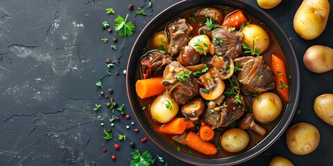 Wall Mural - Traditional South African Oxtail Stew with Vegetables. Concept South African Cuisine, Oxtail Stew, Traditional Recipe, Vegetable Dish, African Cooking