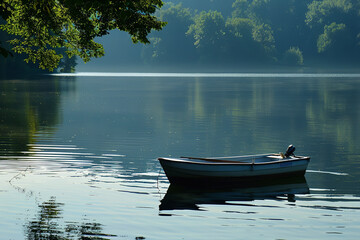 Sticker - Serene Summer Boat Ride on a Calm Lake with Clear Skies