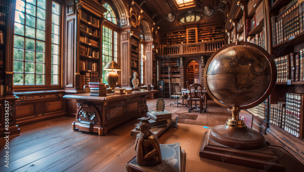 Inside a beautiful historical library and art collection with antique ...