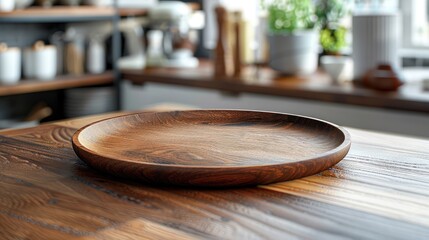 Minimalist food and product display concept with empty wood plate and modern kitchen accessories on wooden table