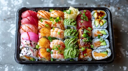 Wall Mural - Sushi Rolls: Top view of assorted colorful sushi rolls filled with a variety of vegetables like avocado, cucumber, and carrots. 