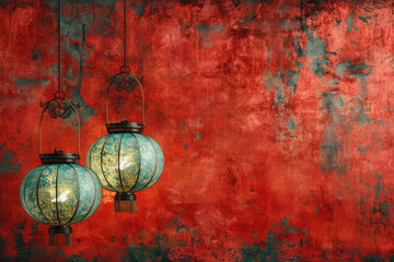 Sticker - Chinese gold and jade embossed pattern with two lanterns on a red minimalist backdrop,