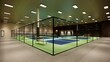 © WINDERFULL STUDIO - 3D render corner view of an indoor pickleball court with a blue and green theme in a sports facility outside fence
