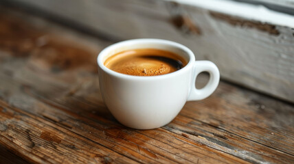 A white cup of coffee on a rustic wooden table.