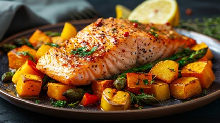 Canvas Print - Grilled Salmon and Vegetables: A plate featuring a perfectly grilled salmon fillet served with a side of roasted vegetables such as asparagus, bell peppers, and sweet potatoes.