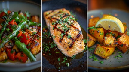 Poster - Grilled Salmon and Vegetables: A plate featuring a perfectly grilled salmon fillet served with a side of roasted vegetables such as asparagus, bell peppers, and sweet potatoes.