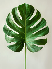 Wall Mural - Close-up of a green monstera leaf on a light background.