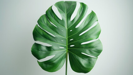 Wall Mural - Large green monstera leaf on a white background.