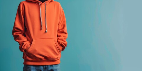 A person is wearing an orange hoodie and is standing in front of a blue wall