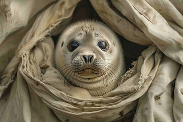 Aufkleber - Endearing baby seal poking out from a rip in a sheet, plain backdrop,