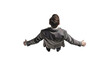 © Rattanathip - Overhead view of a person with open arms in casual attire on a black background, symbolizing freedom and welcome.