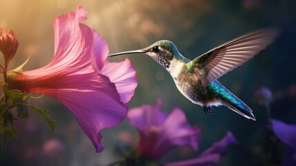 Sticker - hummingbird hovering near a purple morning glory flower