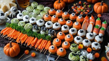 Wall Mural - spooky halloween treat display, celebrate halloween with a spooky charcuterie board featuring witch finger cookies, eyeball cake pops, and ghost marshmallows for a festive touch