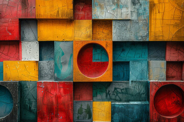 Wall Mural - Abstract composition with 3D blocks and circles intersecting with squares,