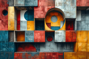 Aufkleber - Abstract composition with 3D blocks and circles intersecting with squares,
