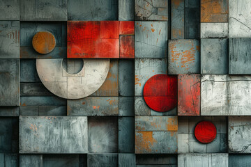 Aufkleber - Abstract composition with 3D blocks and circles intersecting with squares,