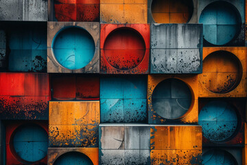 Aufkleber - Geometric abstract design featuring 3D blocks, circles, and intersecting squares,