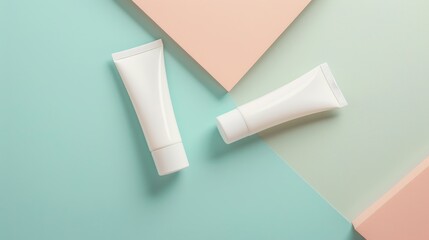 Wall Mural - Cream tubes on two color backdrop flat lay composition in body care theme