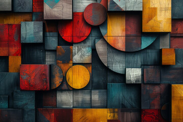Aufkleber - Geometric abstract design featuring 3D blocks, circles, and intersecting squares,