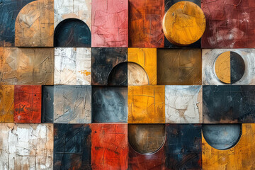 Aufkleber - Abstract art with three-dimensional blocks, circles, and squares intersecting,